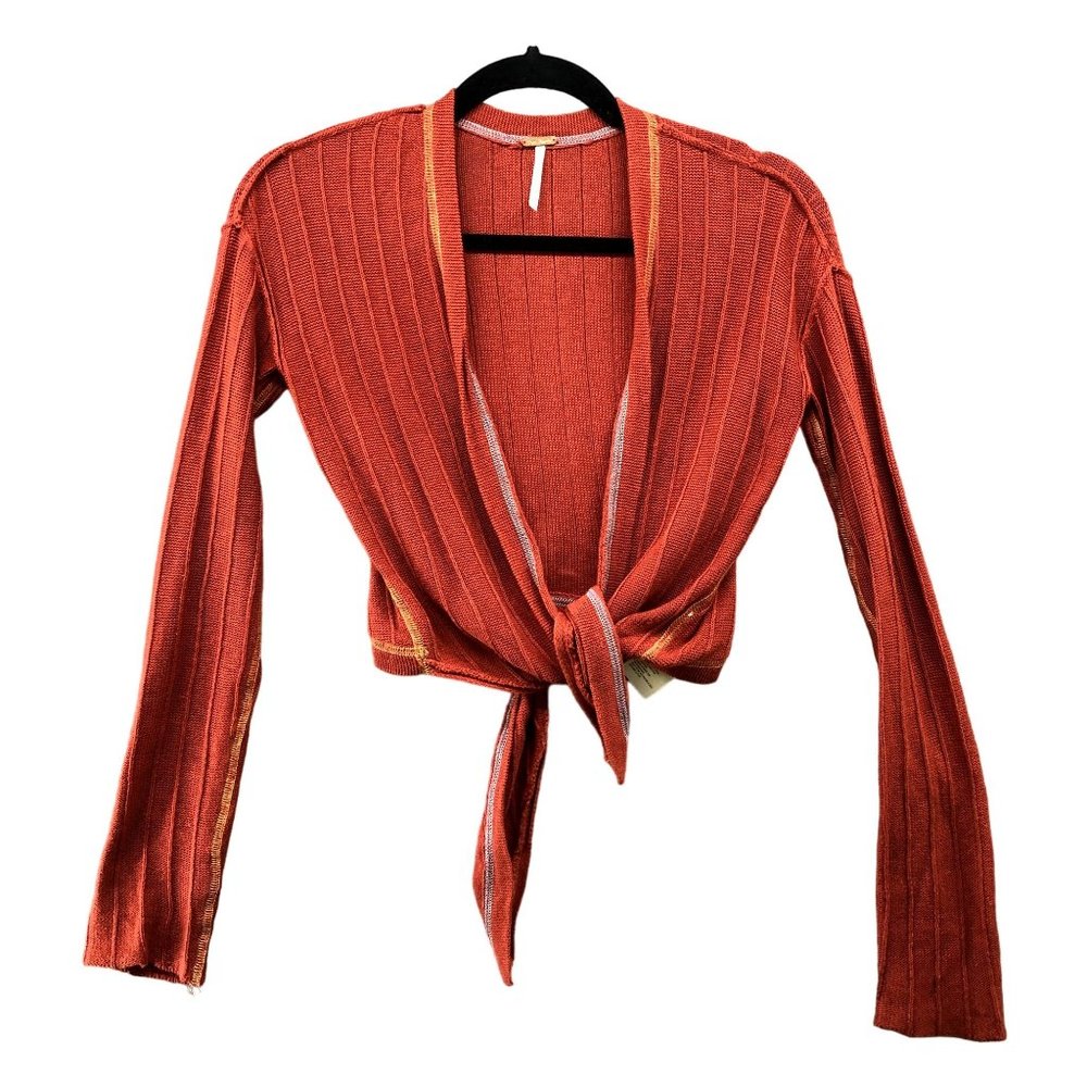 Free People Linen Blend Top S Tie Front Rust Cardigan Knit Sweater Lightweight